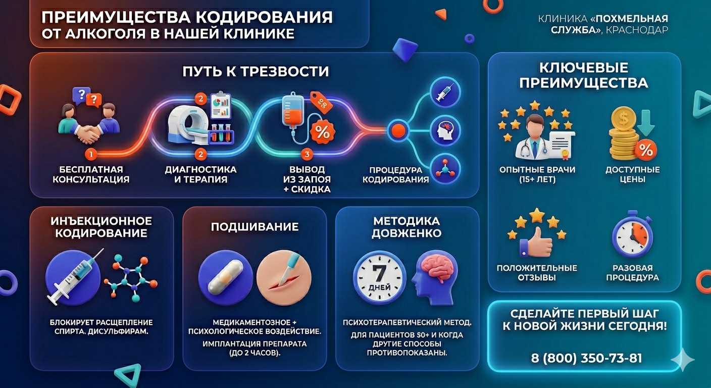 Инфографика о методах кодирования от алкоголя в Хомутово: инъекции, подшивание, метод Довженко. Преимущества клиники и этапы лечения.